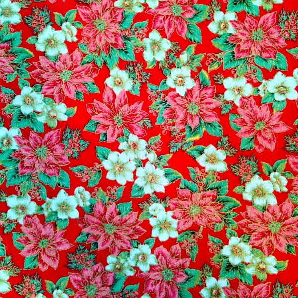 100% Christmas Cotton - Poinsettia on Red